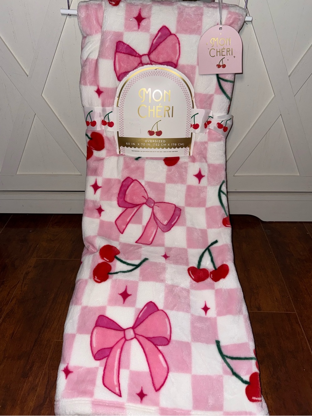 Mon Cheri Pink Cherry & Bow Checkered Plush Throw Blanket